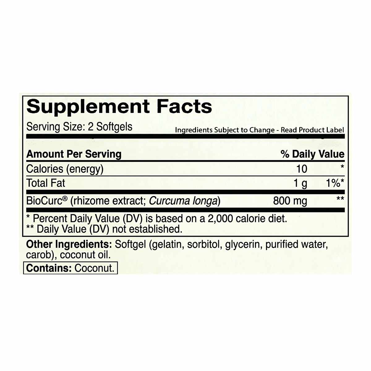 Supplement Facts label for Curcumin 400x softgels showing serving size, nutritional information, and ingredients including Bi