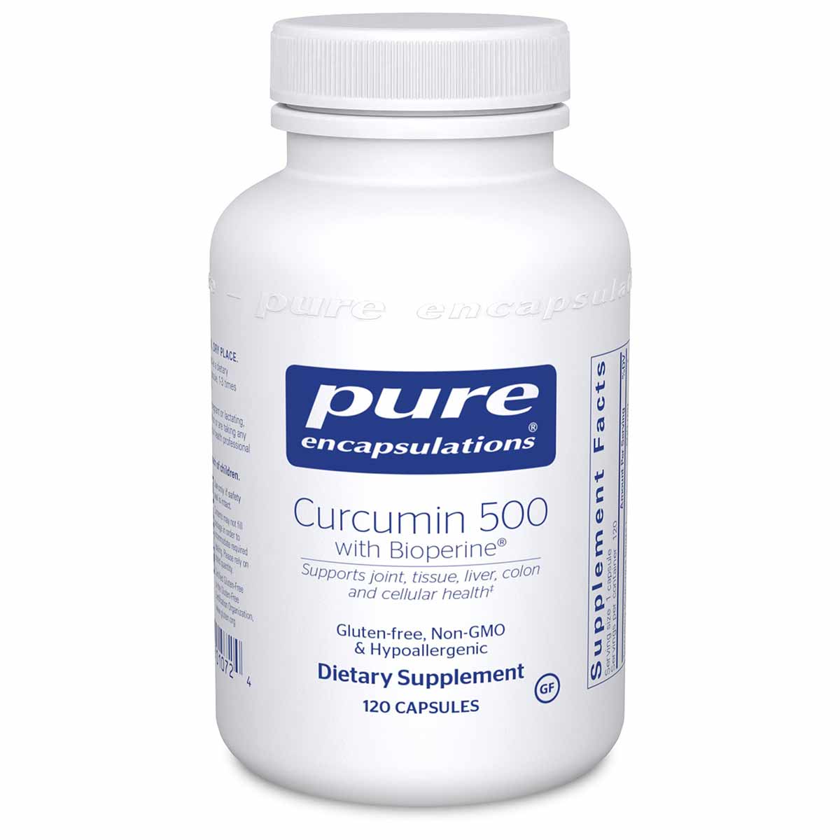 White bottle of Pure Encapsulations Curcumin 500 with Bioperine dietary supplement containing 120 capsules.