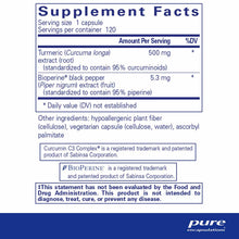 Supplement Facts label showing 500mg turmeric extract with Bioperine black pepper extract, 120 capsules per container.