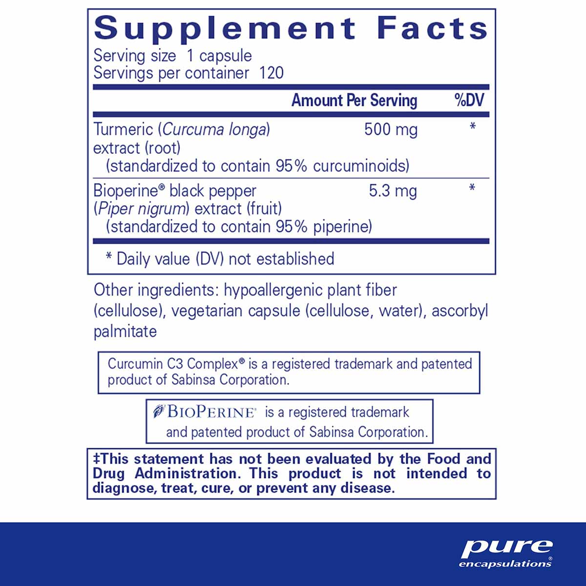 Supplement Facts label showing 500mg turmeric extract with Bioperine black pepper extract, 120 capsules per container.