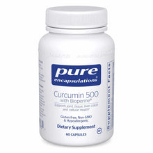 White supplement bottle labeled Curcumin 500 with Bioperine by Pure Encapsulations, 60 capsules, with white screw-top lid.