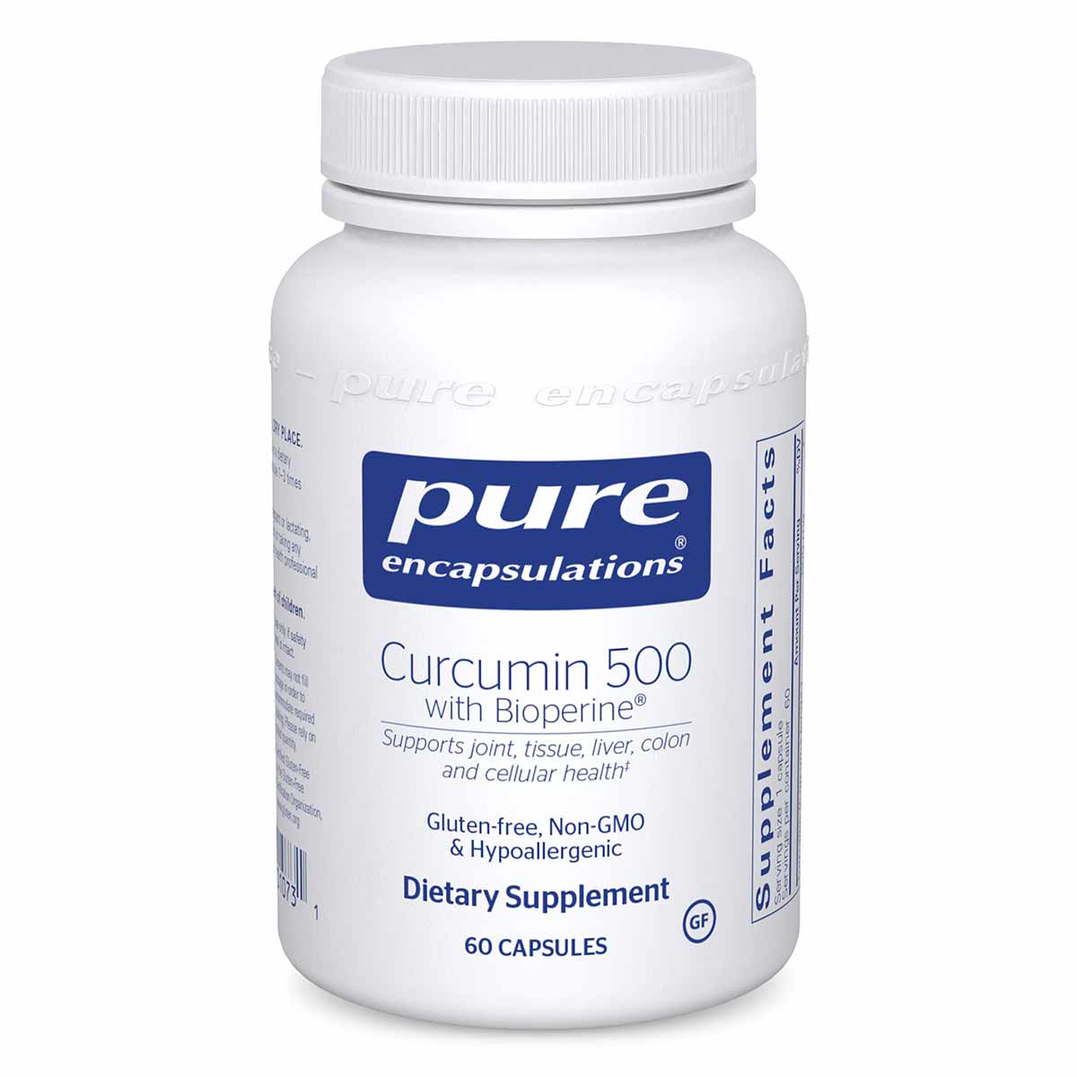 White supplement bottle labeled Curcumin 500 with Bioperine by Pure Encapsulations, 60 capsules, with white screw-top lid.