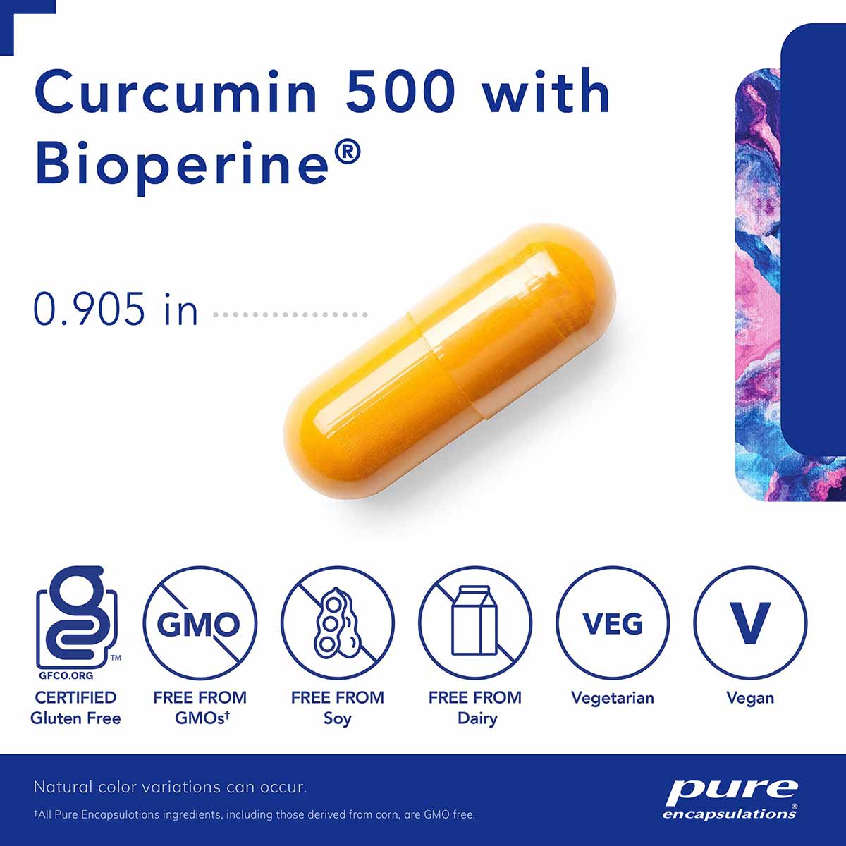 Yellow capsule supplement labeled Curcumin 500 with Bioperine, 0.905 inches, with certification badges for gluten-free, GMO-f