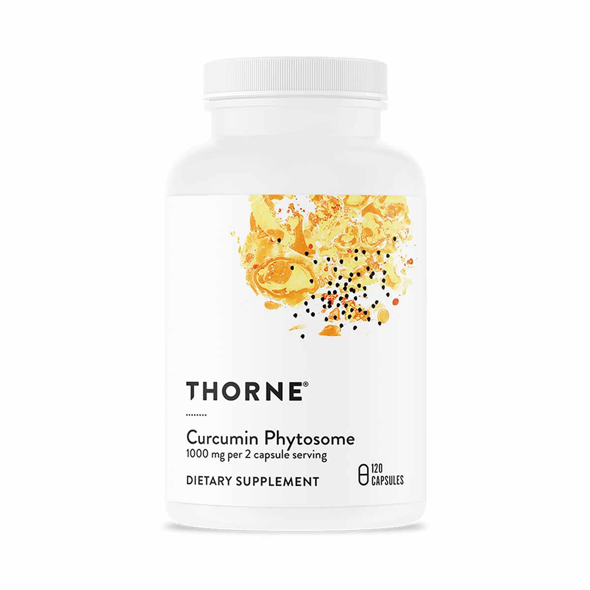White bottle with white cap labeled "Thorne Curcumin Phytosome" containing 120 capsules, with yellow and gold abstract graphi