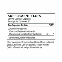 Supplement Facts label for Curcumin Phytosome capsules showing serving size, ingredients, and nutritional information.