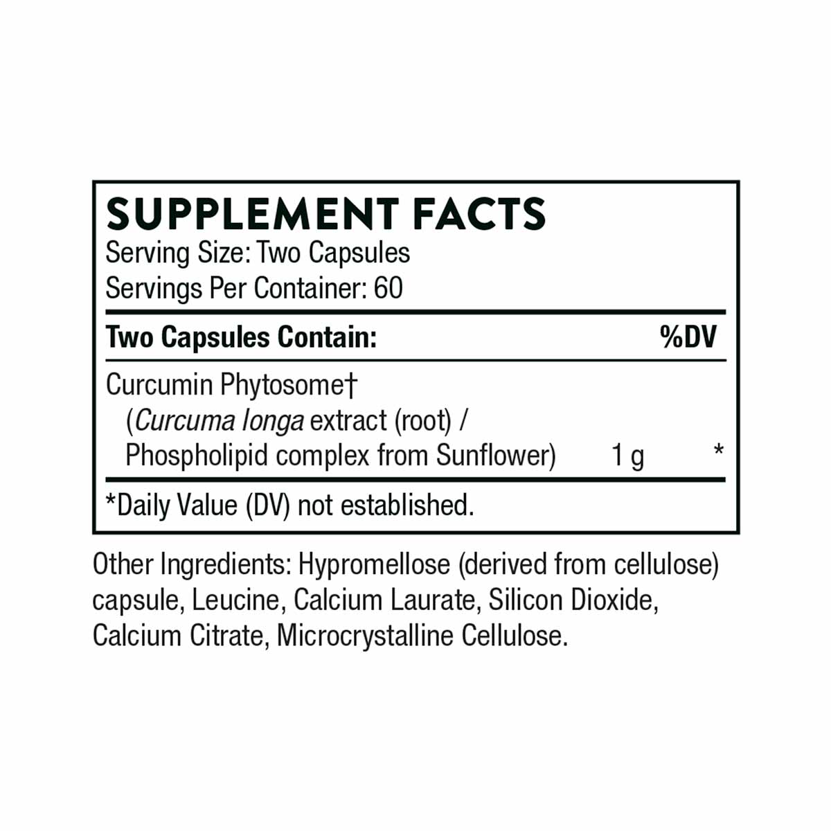 Supplement Facts label for Curcumin Phytosome capsules showing serving size, ingredients, and nutritional information.