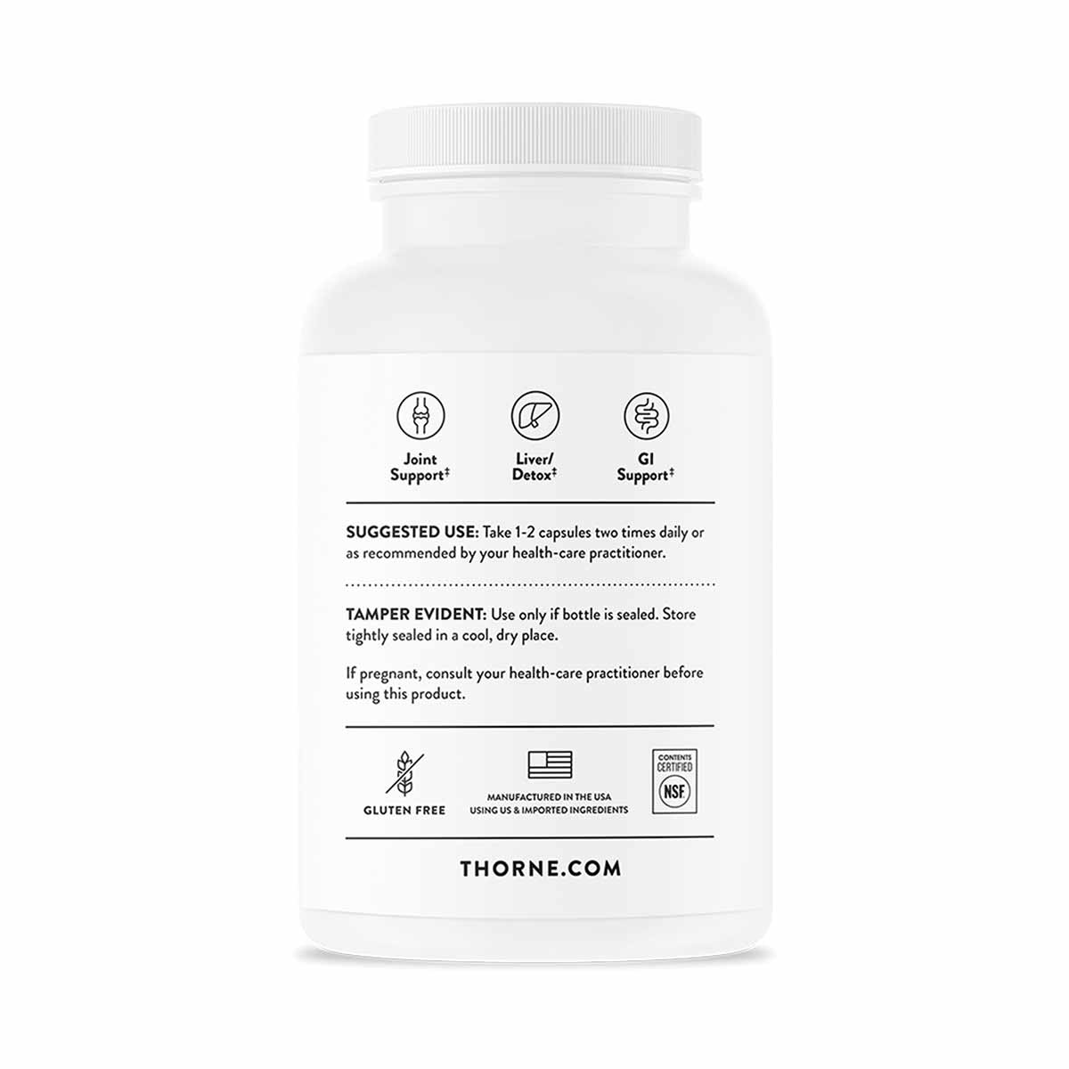 White plastic supplement bottle with white cap labeled Curcumin Phytosome by Thorne Research, featuring usage and certificati