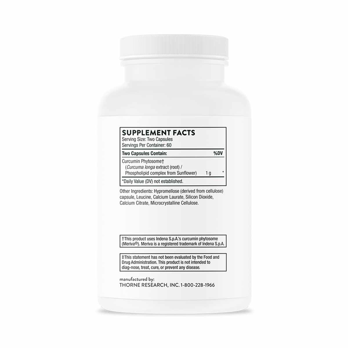 White plastic bottle of Curcumin Phytosome capsules with white cap and supplement facts label visible.