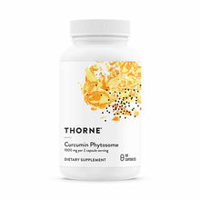 White bottle of Thorne Curcumin Phytosome 1000 mg dietary supplement with yellow and black abstract design label, 60 capsules
