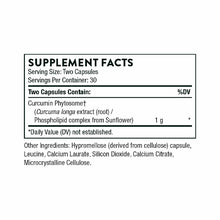 Supplement Facts label for Curcumin Phytosome capsules showing serving size, ingredient list, and nutritional information.