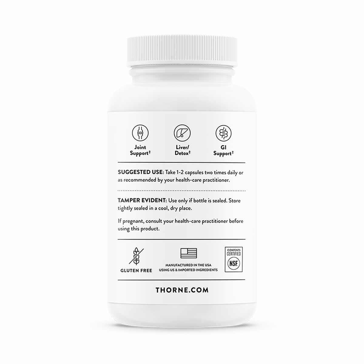 White plastic supplement bottle with white ribbed cap labeled Curcumin Phytosome by Thorne Research, displaying usage instruc