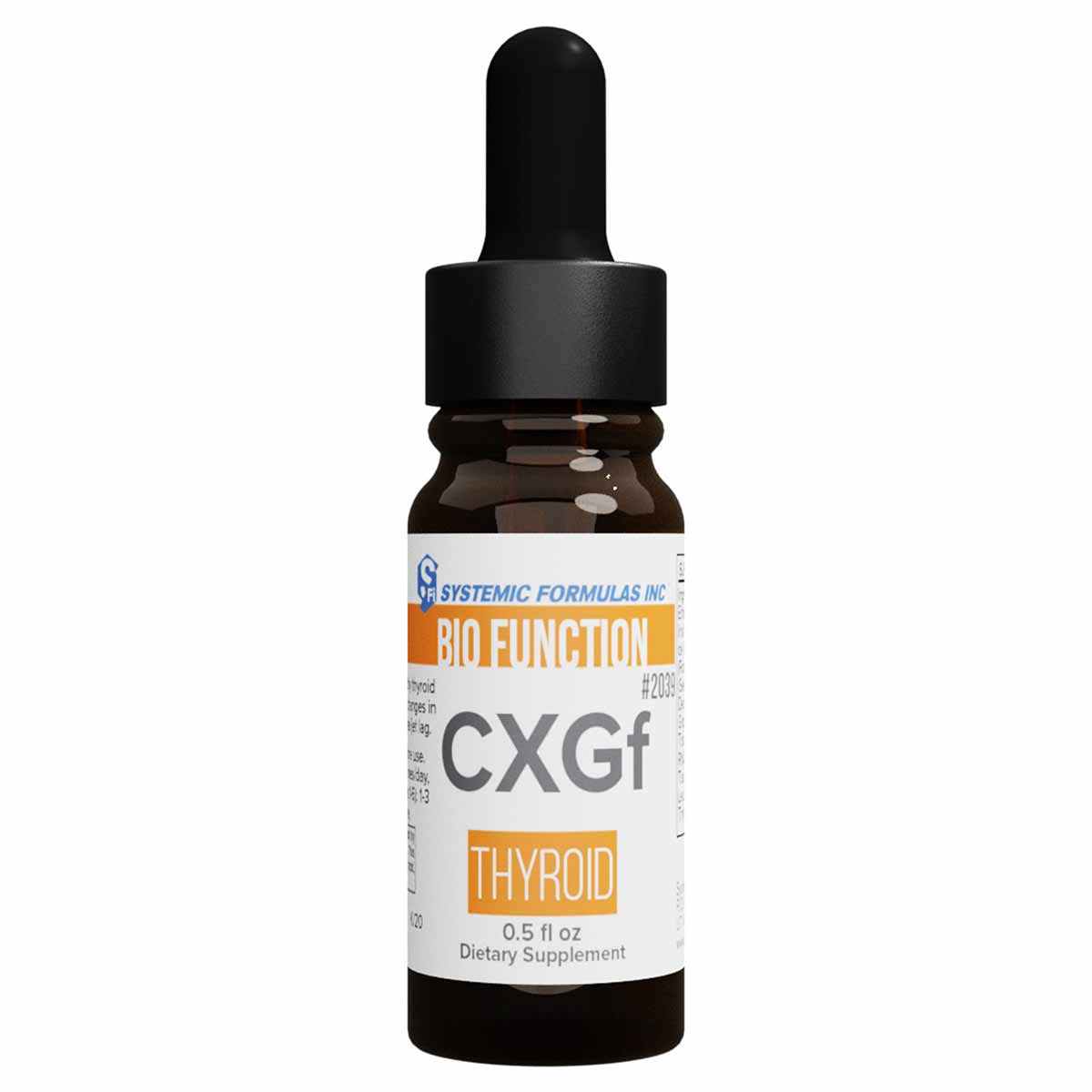 Brown glass dropper bottle labeled CXGf Thyroid by Systemic Formulas, 0.5 fl oz dietary supplement.