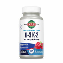 Kal D-3 K-2 ActivMelt quick-dissolve tablet bottle with raspberry flavor, 60 micro tablets.