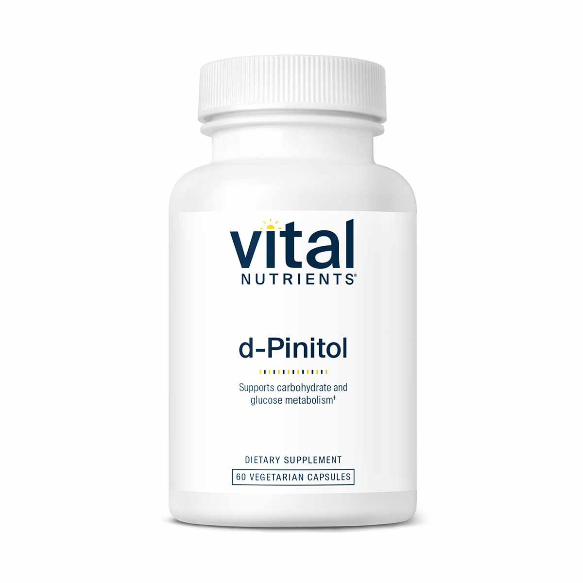 White bottle of Vital Nutrients d-Pinitol dietary supplement containing 60 vegetarian capsules.