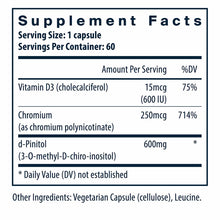 Supplement Facts label showing d-Pinitol 600mg per capsule with Vitamin D3 and Chromium, 60 servings per container.