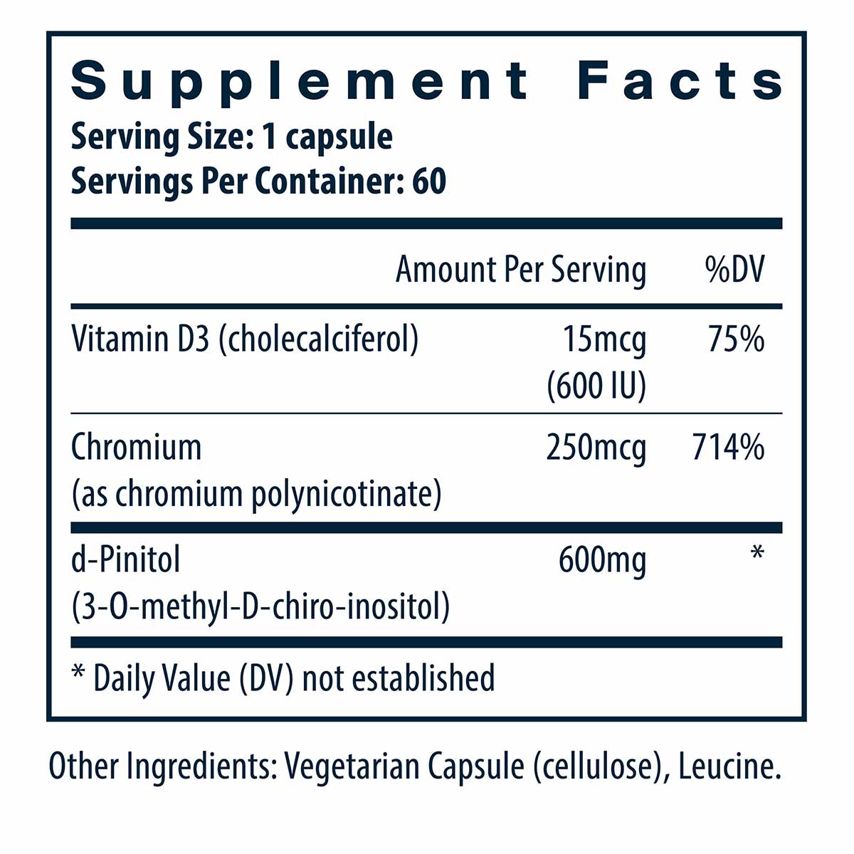 Supplement Facts label showing d-Pinitol 600mg per capsule with Vitamin D3 and Chromium, 60 servings per container.
