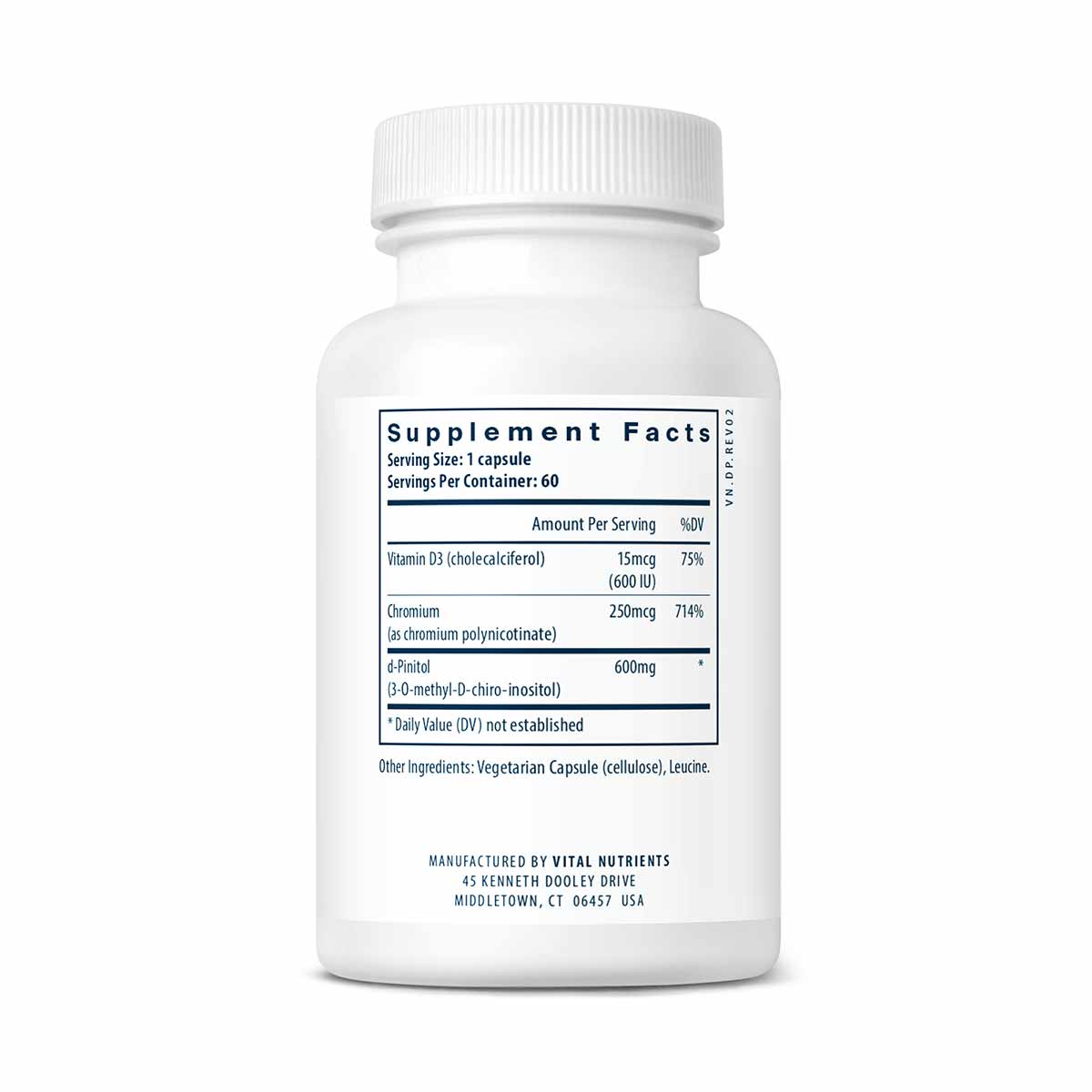 White supplement bottle with white cap containing 60 vegetarian capsules, labeled with supplement facts including d-Pinitol, 
