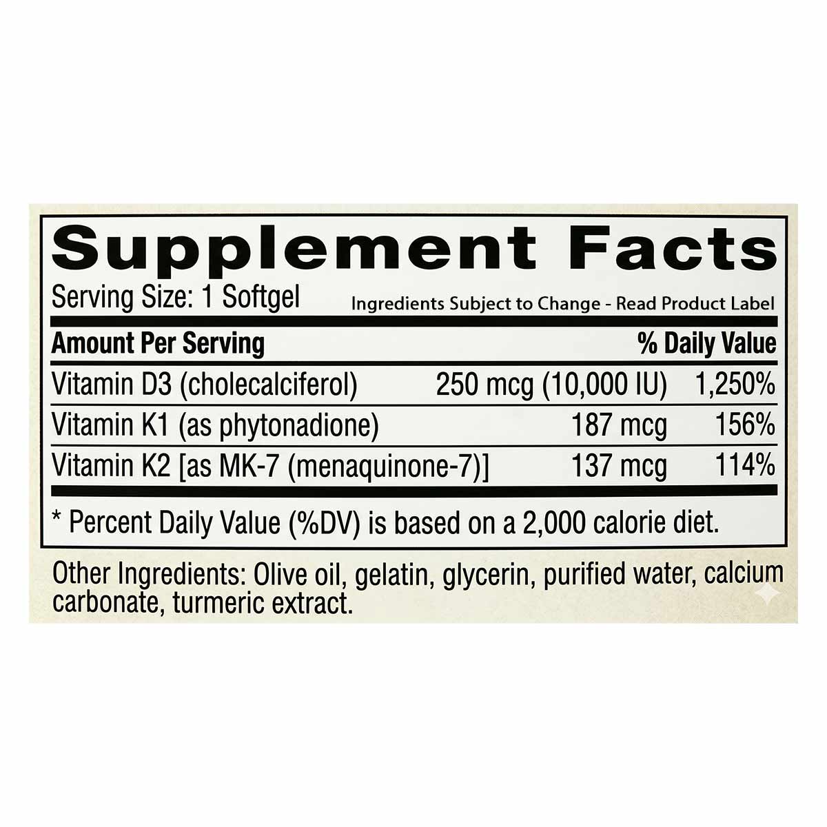 Supplement Facts label for NutriDyn D3 10,000 with K2 softgels showing vitamin D3, K1, and K2 dosages per serving.