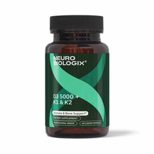 Dark amber glass bottle of Neurobiologix D3 5000 + K1 & K2 dietary supplement with green label, containing 60 liquid capsules