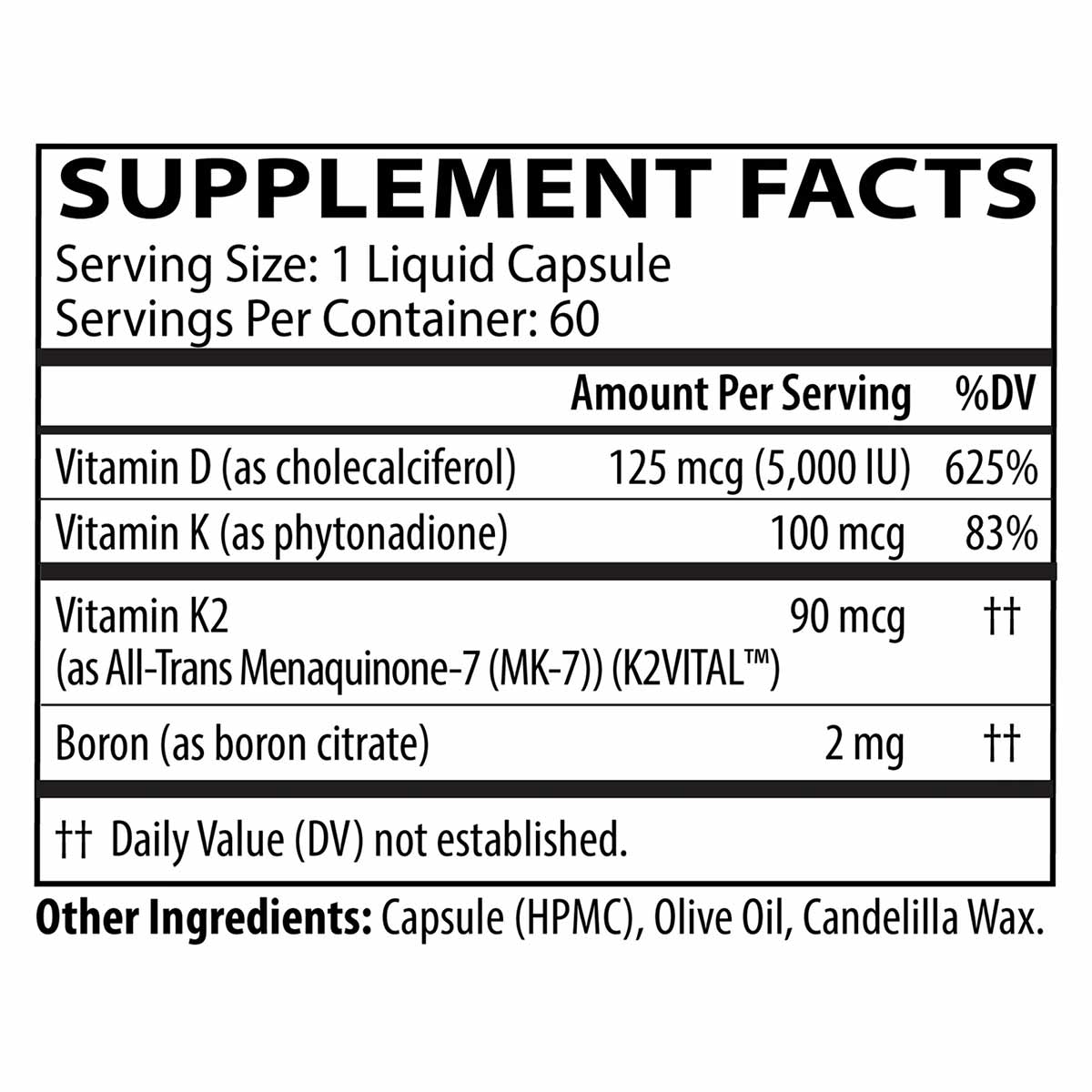 Supplement Facts label for D3 5000 + K1/K2 showing serving size of 1 liquid capsule with 60 servings per container.