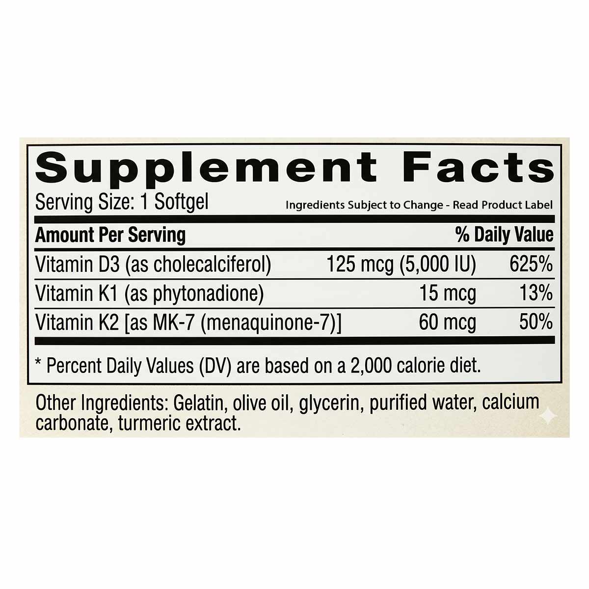 Supplement Facts label showing Vitamin D3 5,000 IU, Vitamin K1, and Vitamin K2 per softgel serving.