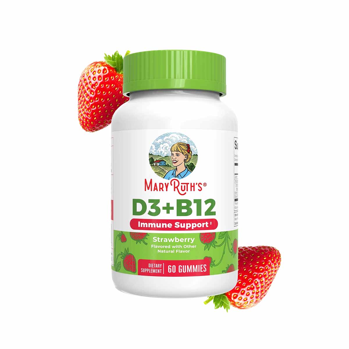 White bottle with green cap labeled "D3+B12 Immune Support Strawberry" gummies by MaryRuth's, surrounded by fresh strawberrie