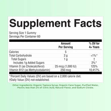 Supplement Facts label for D3+B12 gummy with serving size 1 gummy, 60 servings per container, listing vitamin D and B12 amoun