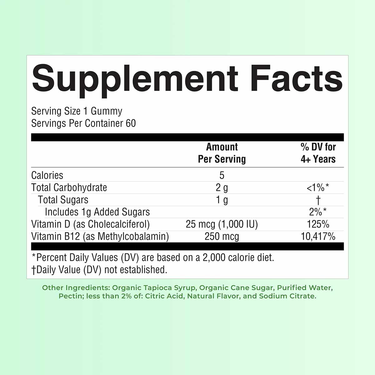 Supplement Facts label for D3+B12 gummy with serving size 1 gummy, 60 servings per container, listing vitamin D and B12 amoun