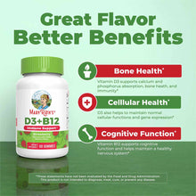 MaryRuth's D3+B12 strawberry flavor gummies bottle with green cap and benefit information graphics on light green background.