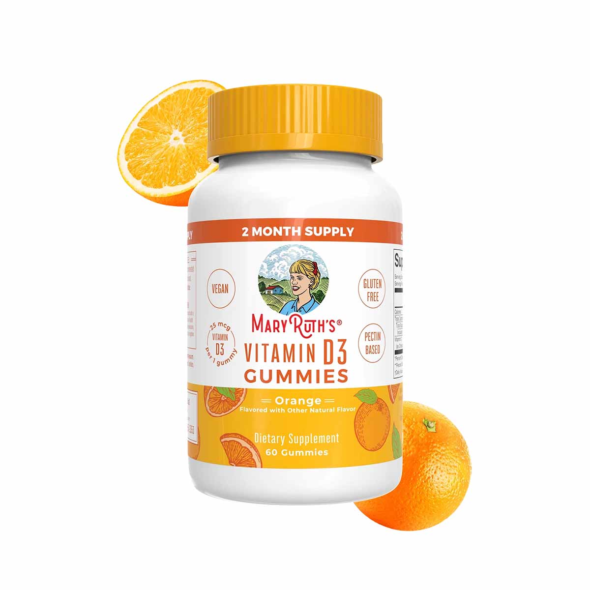 White bottle of MaryRuth's Vitamin D3 Gummies with yellow cap, orange-flavored, 60 gummies, surrounded by fresh orange slices