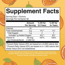 Supplement Facts label for D3 gummies showing serving size, nutritional information, and ingredient list on yellow background