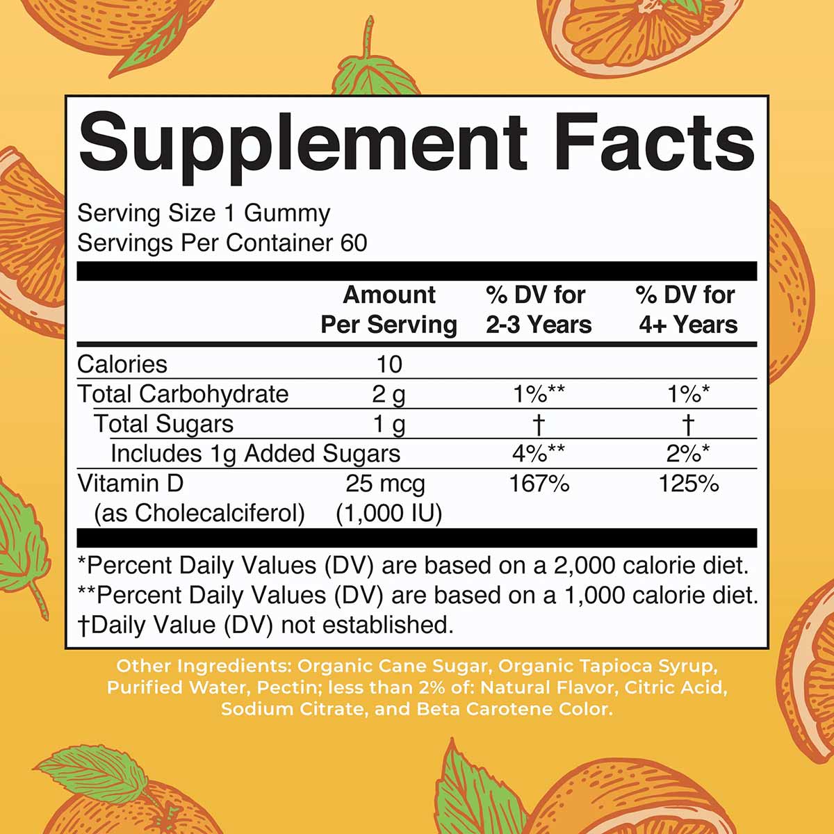 Supplement Facts label for D3 gummies showing serving size, nutritional information, and ingredient list on yellow background