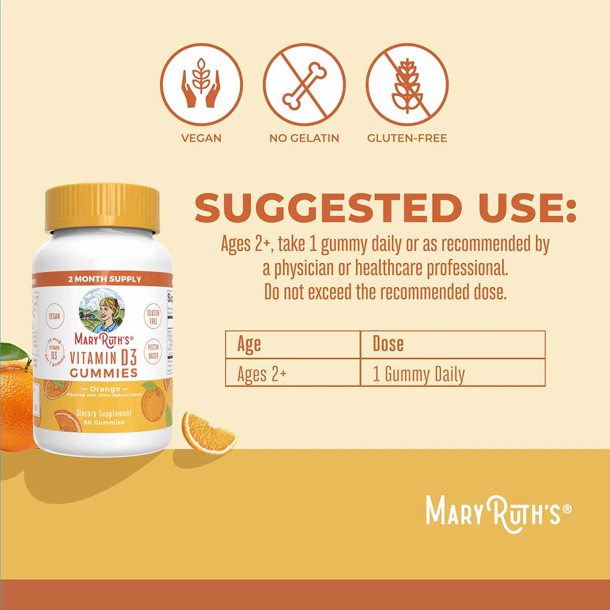 Bottle of MaryRuth's Vitamin D3 gummies in orange flavor with vegan, no gelatin, and gluten-free icons displayed above.