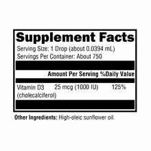 Supplement Facts label showing Vitamin D3 1,000 IU per drop serving with high-oleic sunflower oil as ingredient.