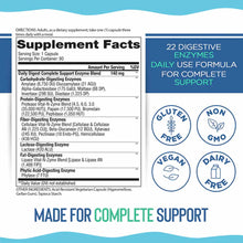 Supplement Facts label for Daily Digest Complete Support showing 22 digestive enzymes, serving size, and ingredient list with