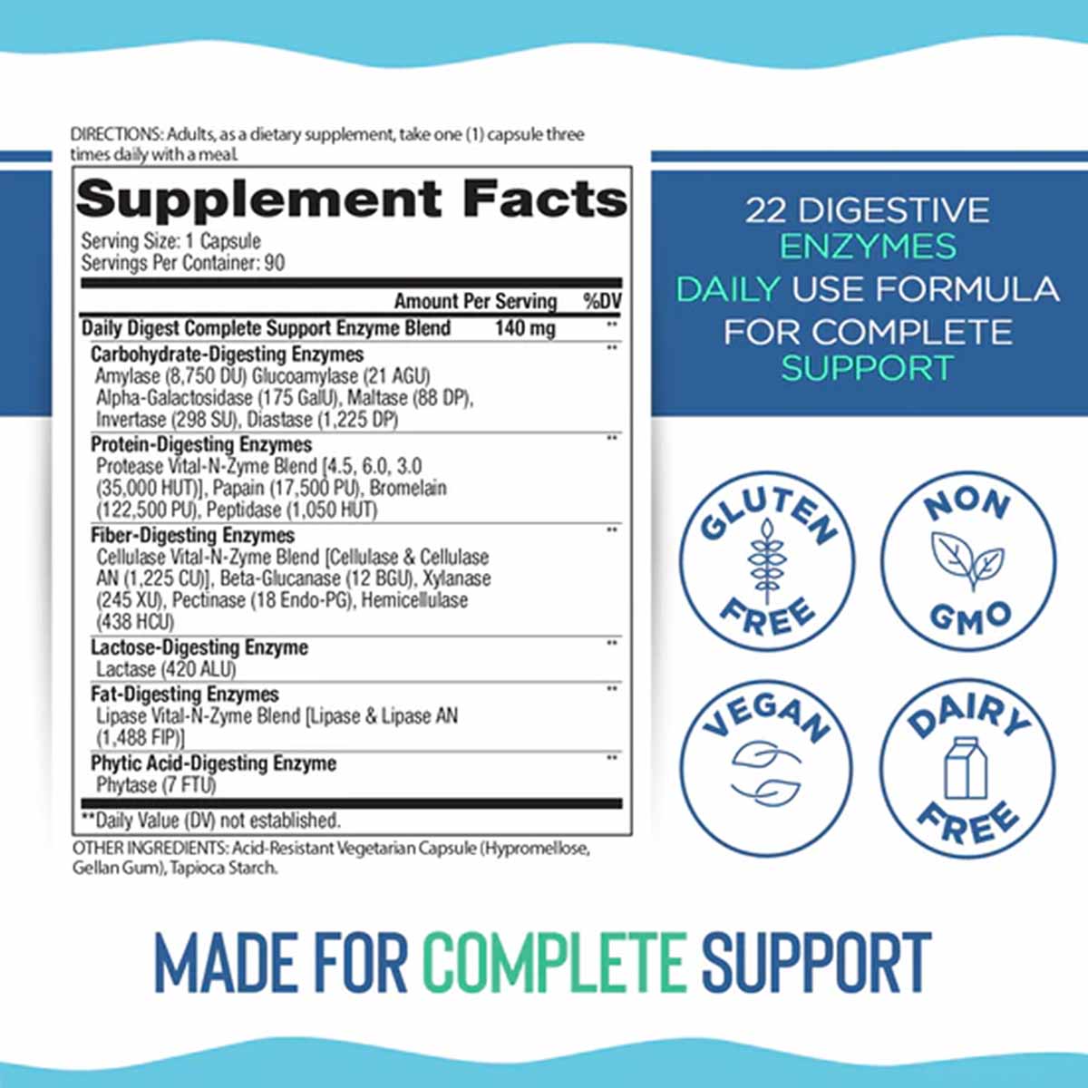Supplement Facts label for Daily Digest Complete Support showing 22 digestive enzymes, serving size, and ingredient list with