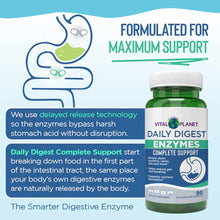 Vital Planet Daily Digest Enzymes Complete Support bottle with white cap and green label, 90 count.