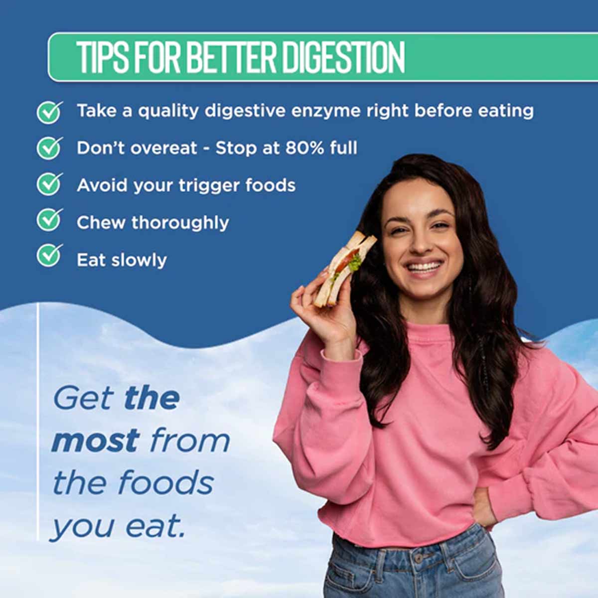 Woman in pink shirt holding a sandwich with text about digestion tips on blue background.