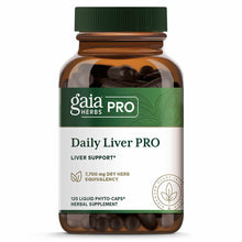 Gaia Herbs Pro Daily Liver PRO bottle with green cap containing 120 dark liquid phyto-capsules.