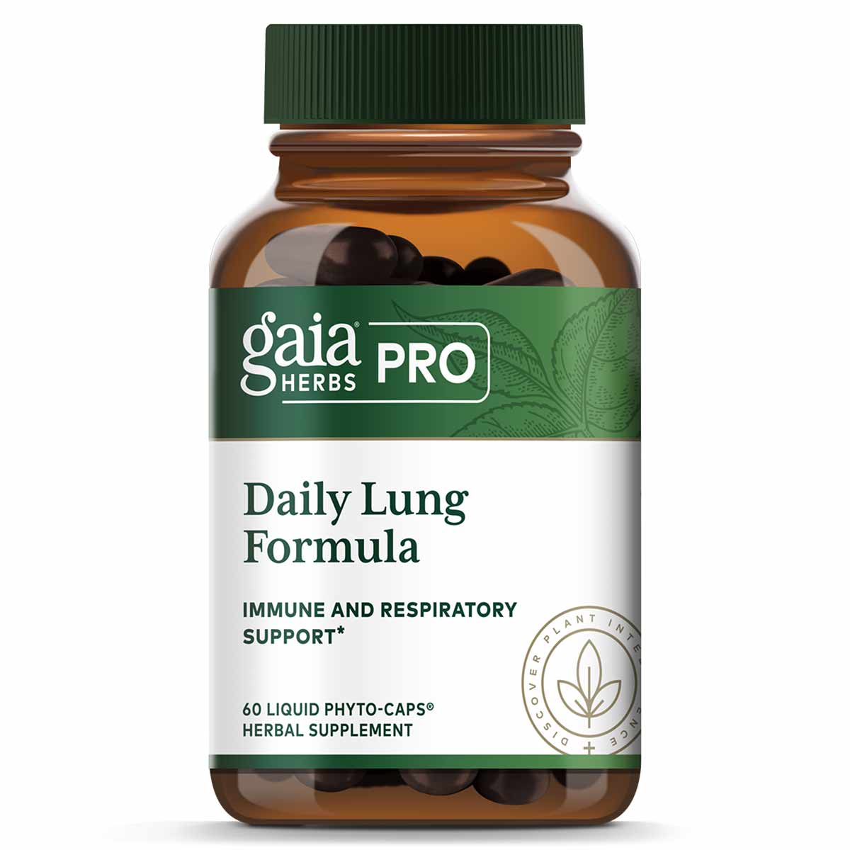 Gaia Herbs Pro Daily Lung Formula bottle with green cap containing 60 dark liquid phyto-caps herbal supplement.