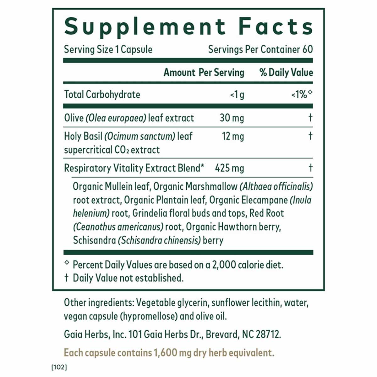 Supplement Facts label for Daily Lung Formula showing serving size, ingredients including olive leaf extract and holy basil, 