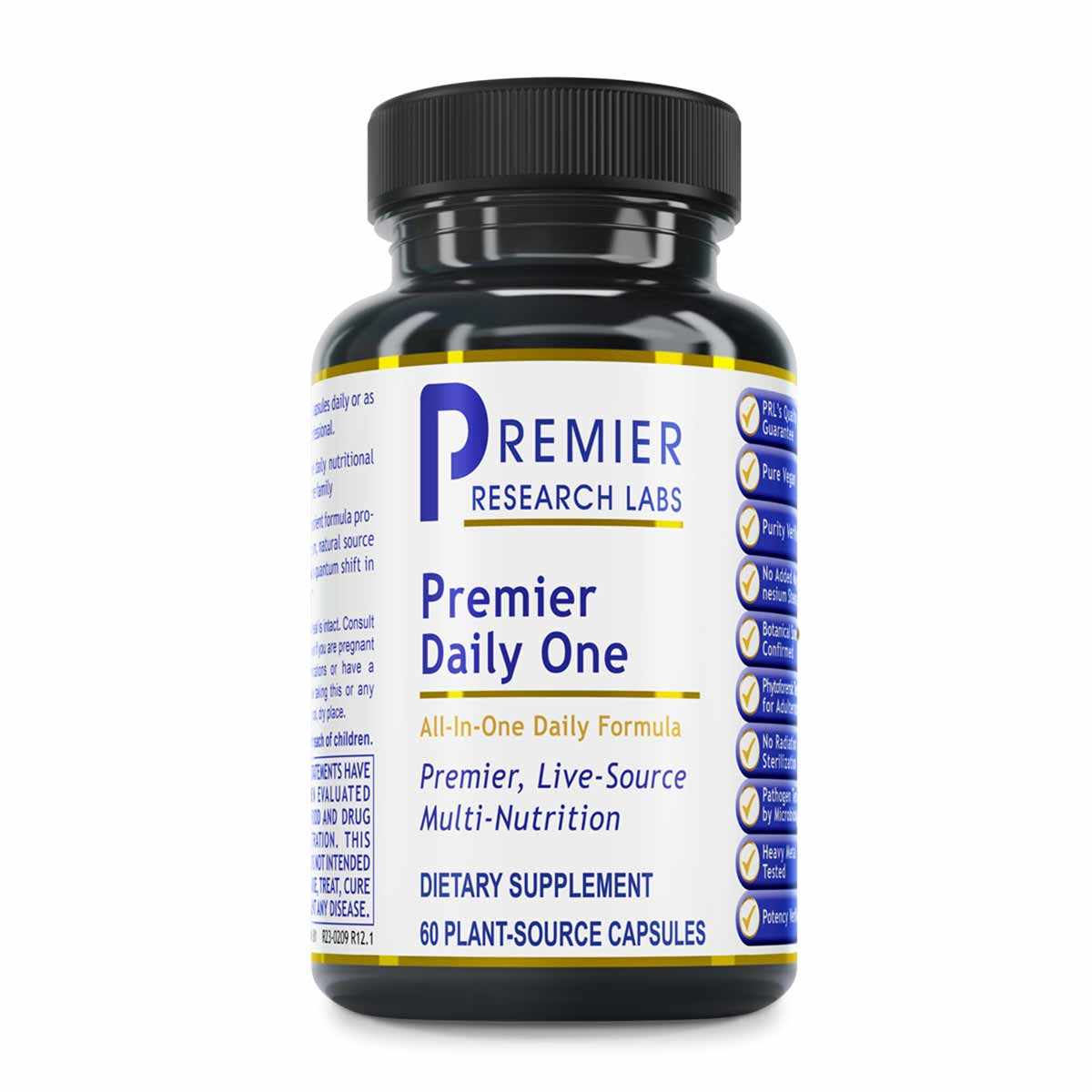 Black bottle of Premier Research Labs Premier Daily One multivitamin with white and blue label, 60 plant-source capsules.