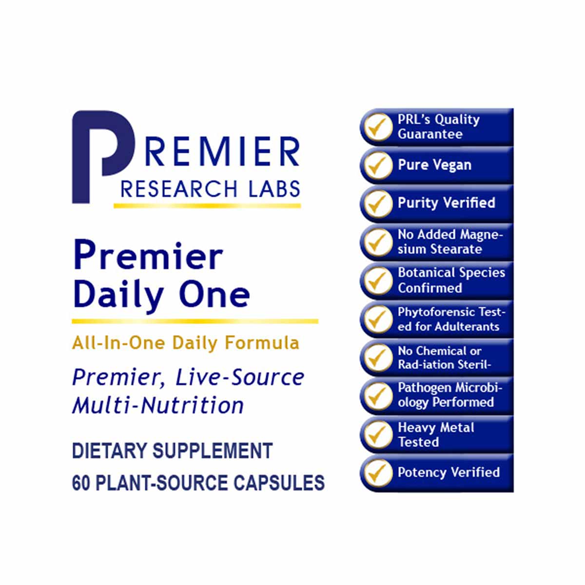 Premier Research Labs Daily One dietary supplement bottle with 60 plant-source capsules and quality guarantee badges.