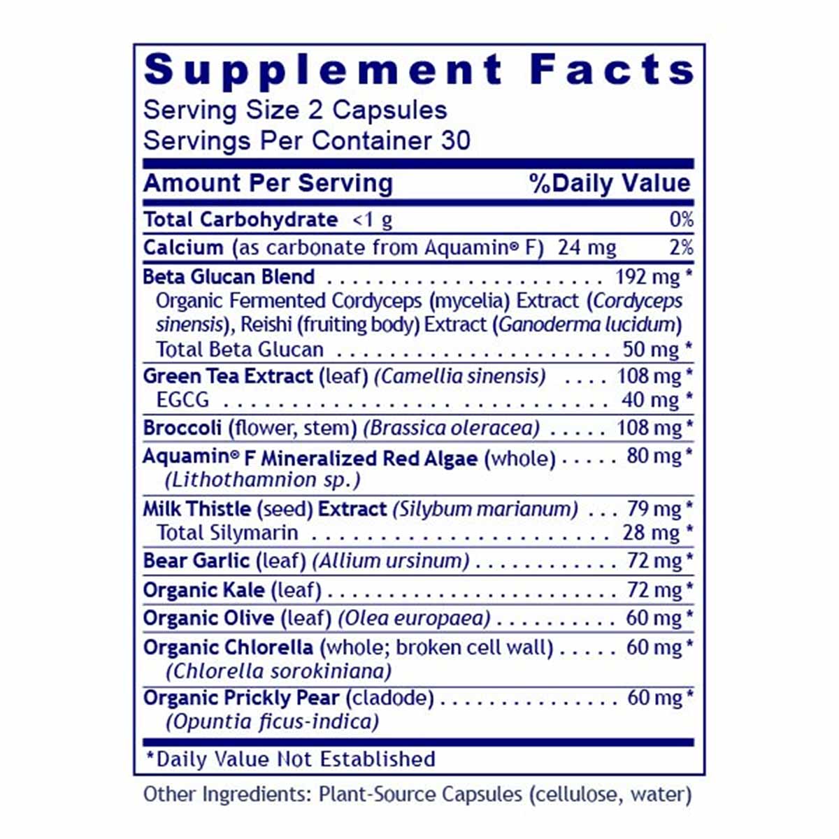 Supplement Facts label for Daily One multivitamin with 60 capsules, listing ingredients including beta glucan, green tea extr