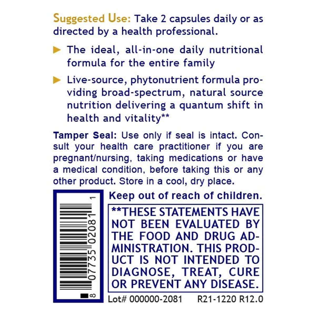 Bottle label for Daily One nutritional supplement capsules with usage instructions, ingredient information, tamper seal detai