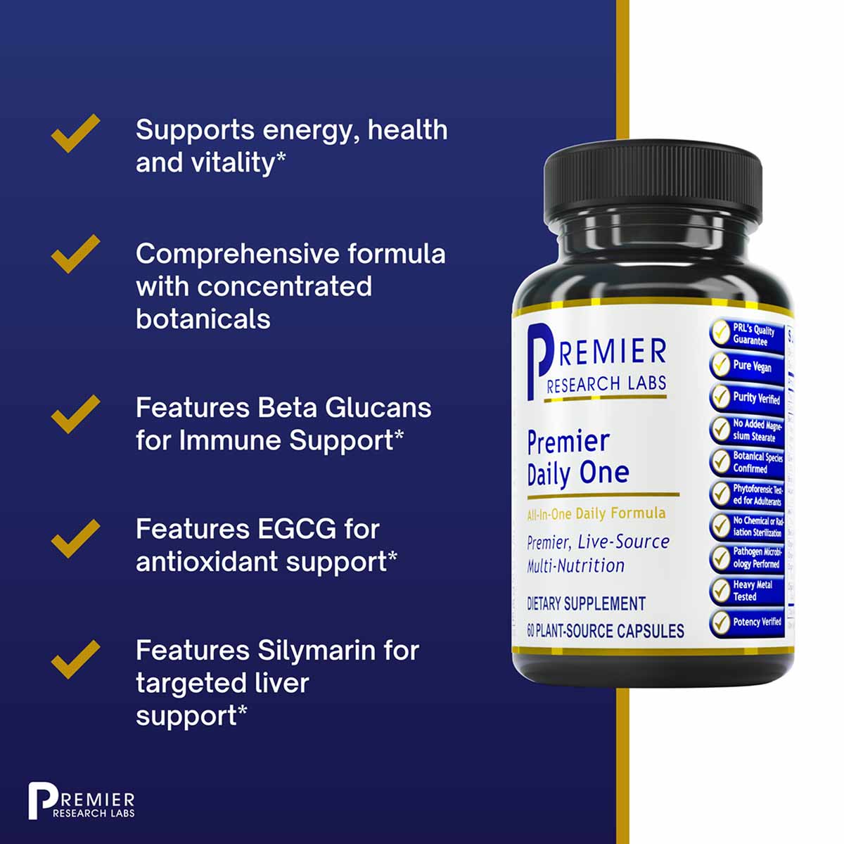 Premier Daily One supplement bottle with black cap and yellow-gold label on dark blue background with feature list.