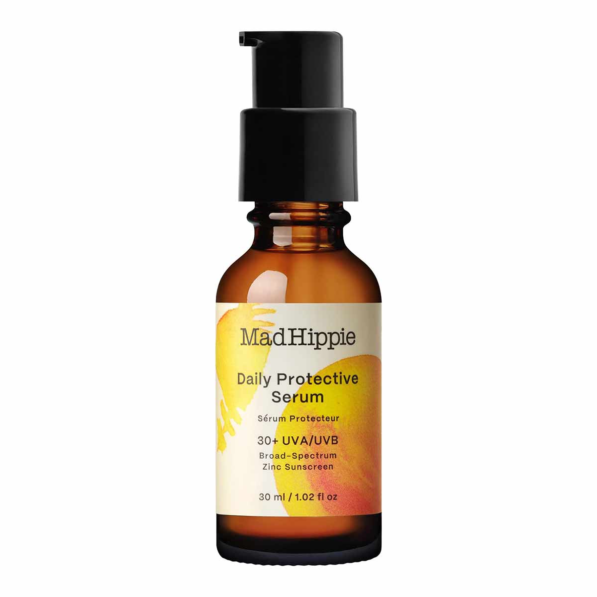 Mad Hippie Daily Protective Serum in amber glass bottle with black pump dispenser, 30 ml size.