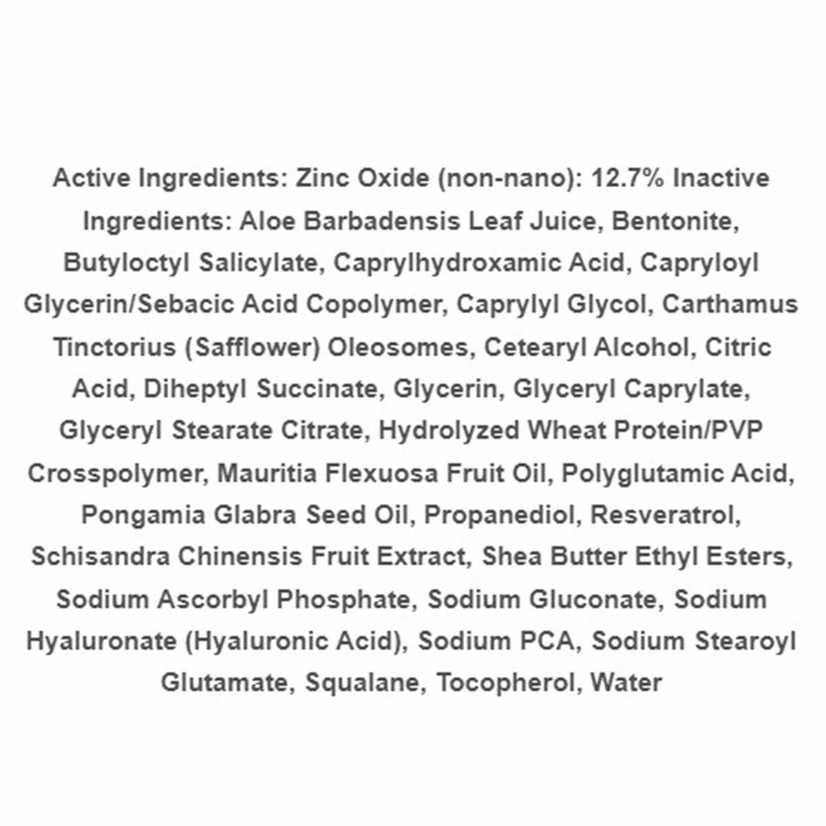Text listing active and inactive ingredients for Daily Protective Serum, including zinc oxide, aloe, safflower, and hyaluroni