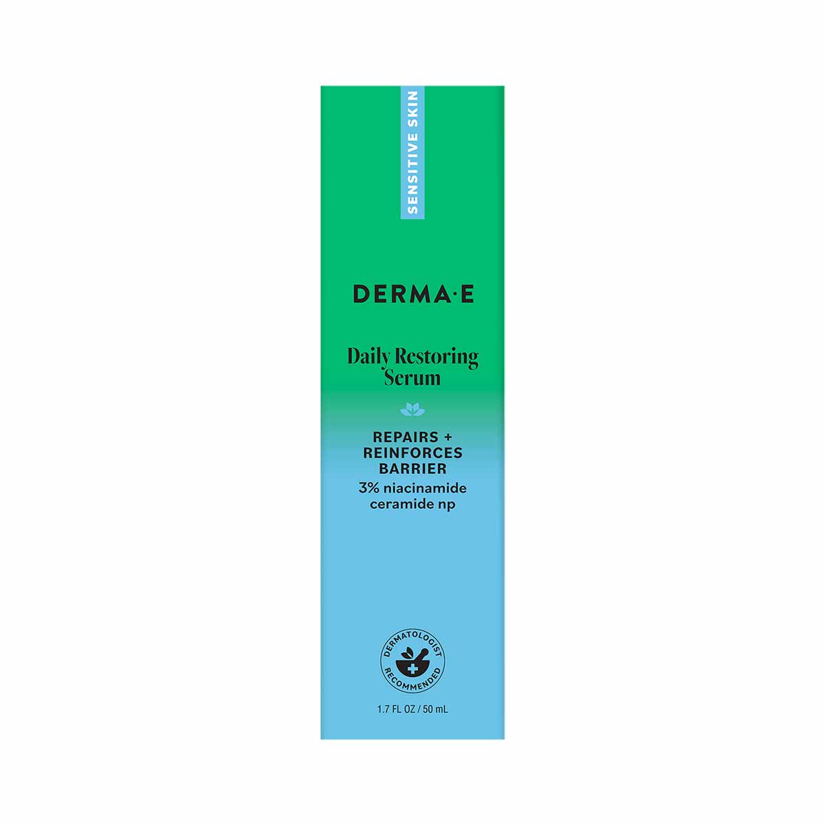 Green and blue gradient box of Derma E Daily Restoring Serum for sensitive skin, 1.7 fl oz.