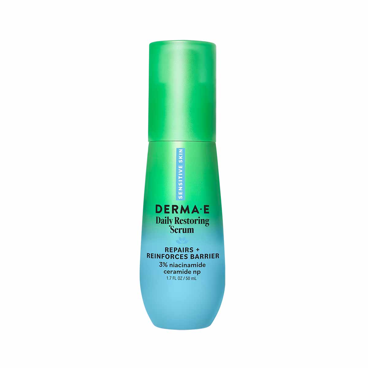 Derma E Daily Restoring Serum in a green and blue gradient bottle, 1.7 fl oz size.